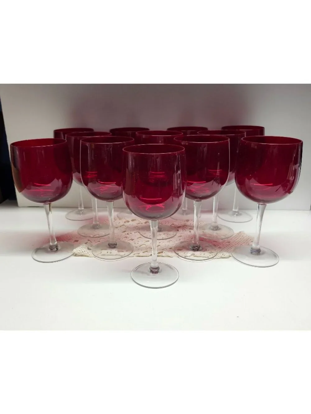 12- Ruby Red Wine Glasses Clear Stem Large Goblets